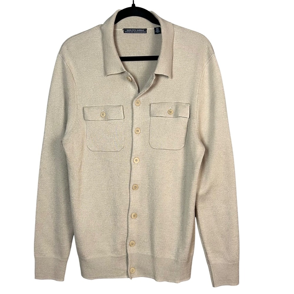 Saks Fifth Avenue Cardigan Sweater Mens Medium Wool Polo Slim Modern Patch